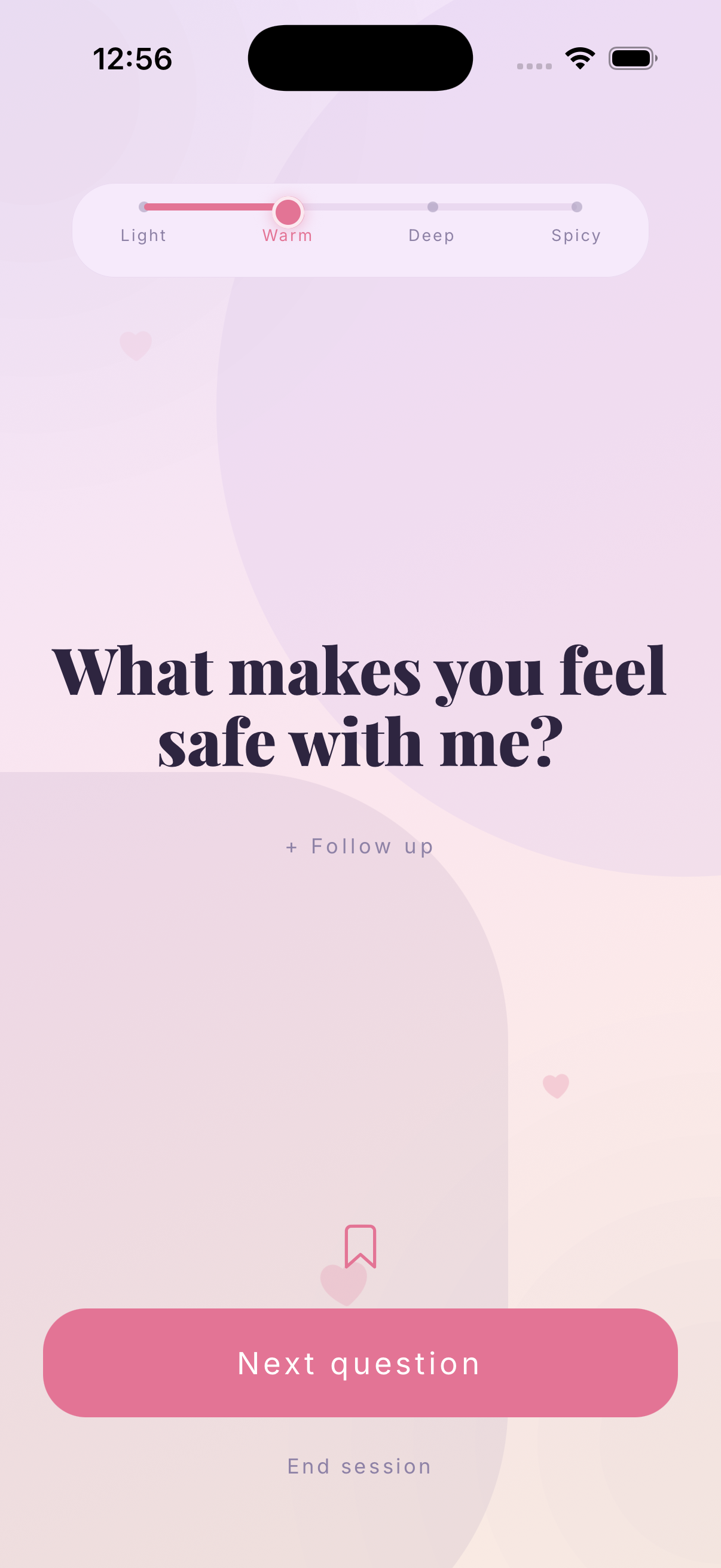 Talk date night session set to Warm: What makes you feel safe with me? — with a follow-up prompt and intensity dial from light to spicy.